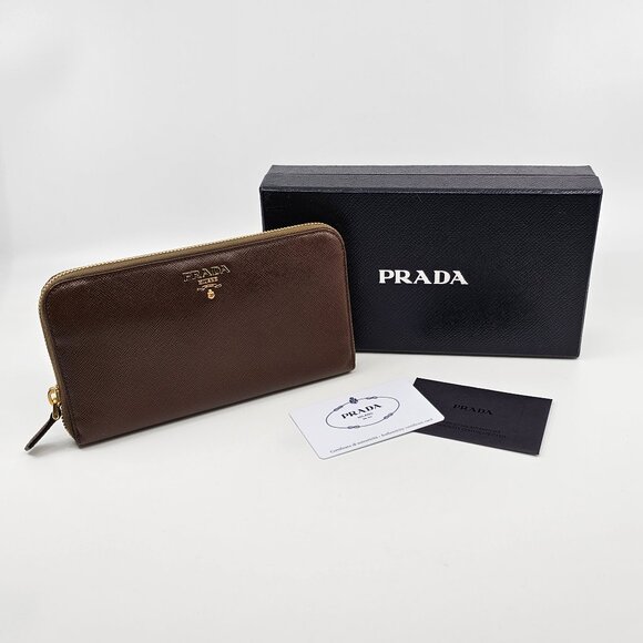 PRADA Large Saffiano Metal Cacao Brown Leather Zip Around Wallet - Picture 1 of 7